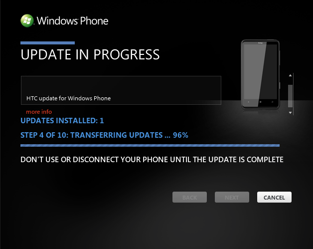 HTC Update for Windows Phone is installing