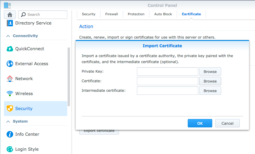 Import certificate on your Synology