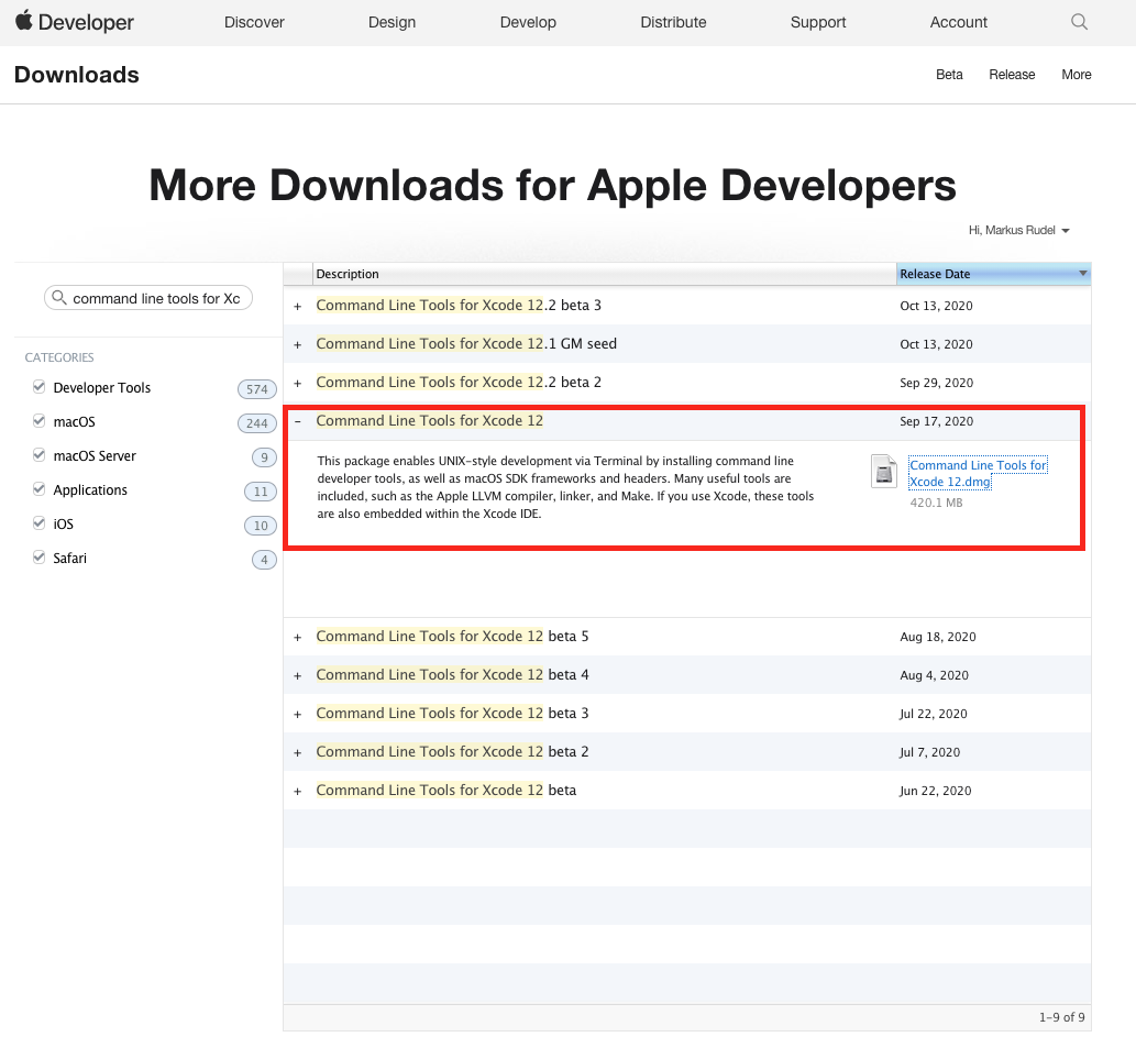 Xcode Command Line Tools 12 from developer.apple.com