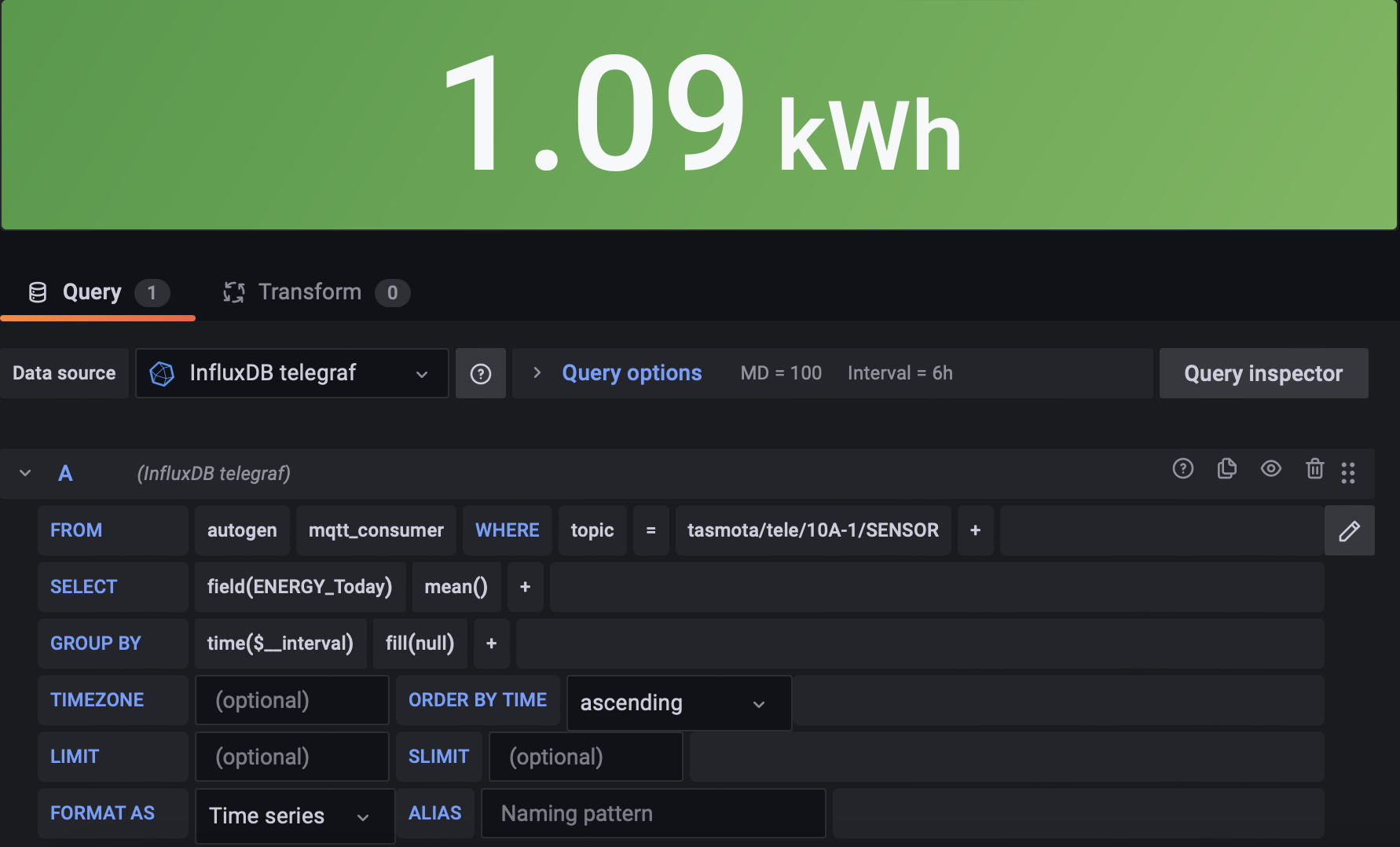 An example influxdb query in Grafana to get Tasmota power consumption