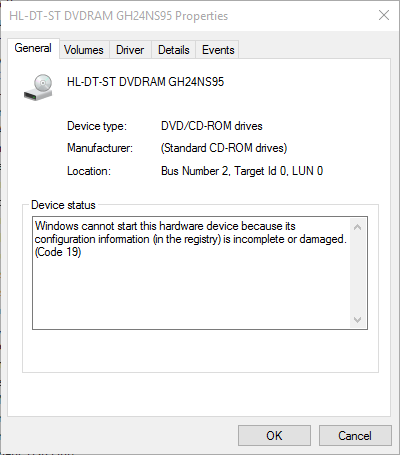 Error message in device manager